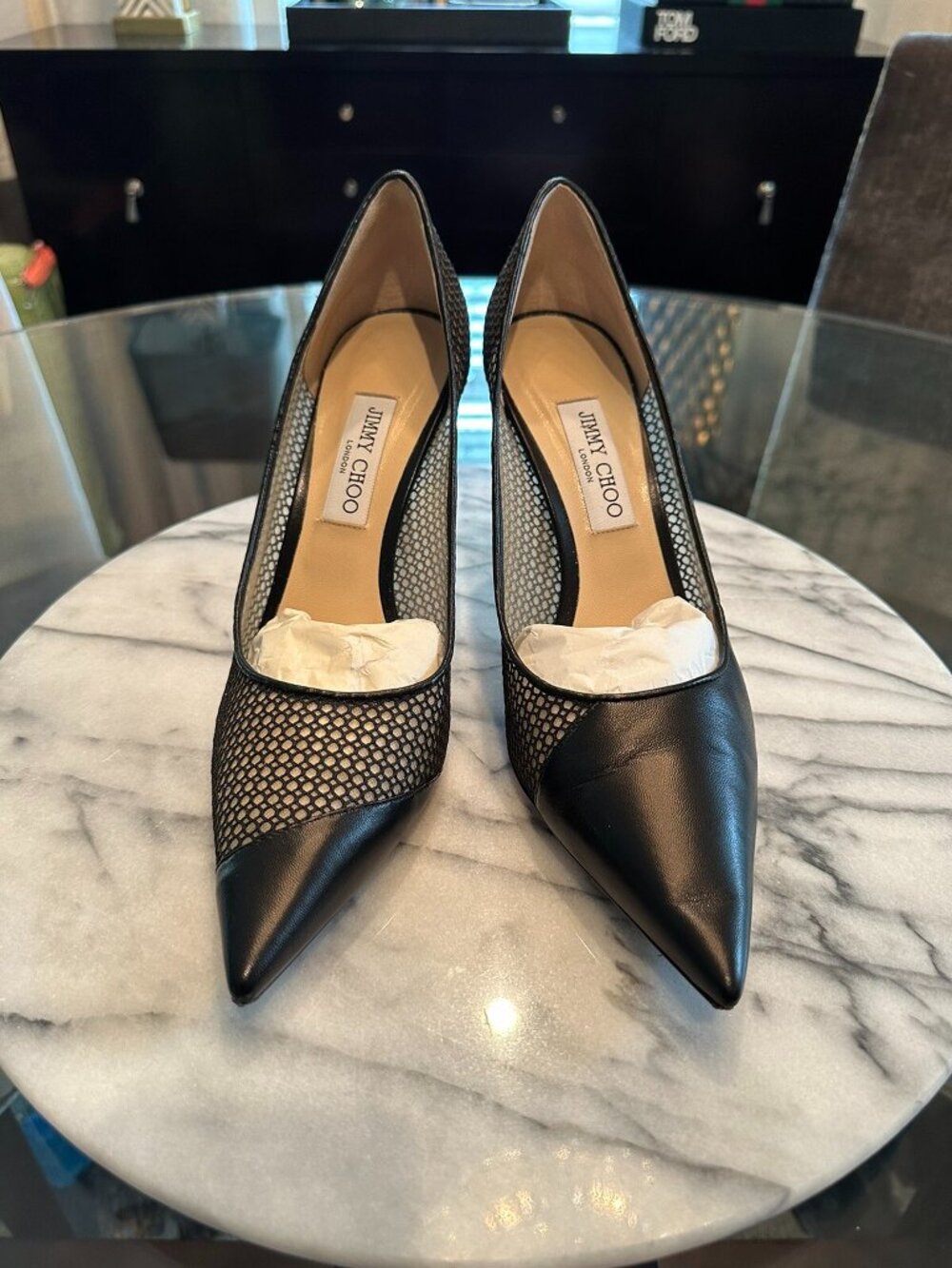 Pre-Owned Jimmy Choo ‘Love 85’ Asymmetrical Mesh Black Pumps